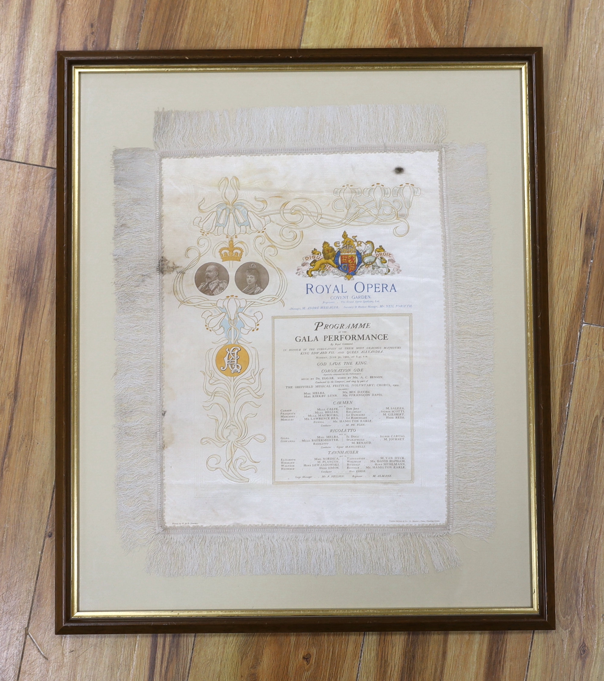 An early 20th century silk opera programme, Royal Opera House Covent Garden, Gala Performance 30th June 1902, printed by Finden Brown & Co., 36 x 27cm not including fringe